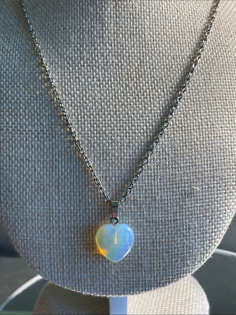 Opalite Heart Pendant Necklace - Silver Chain 10” pendant .5”